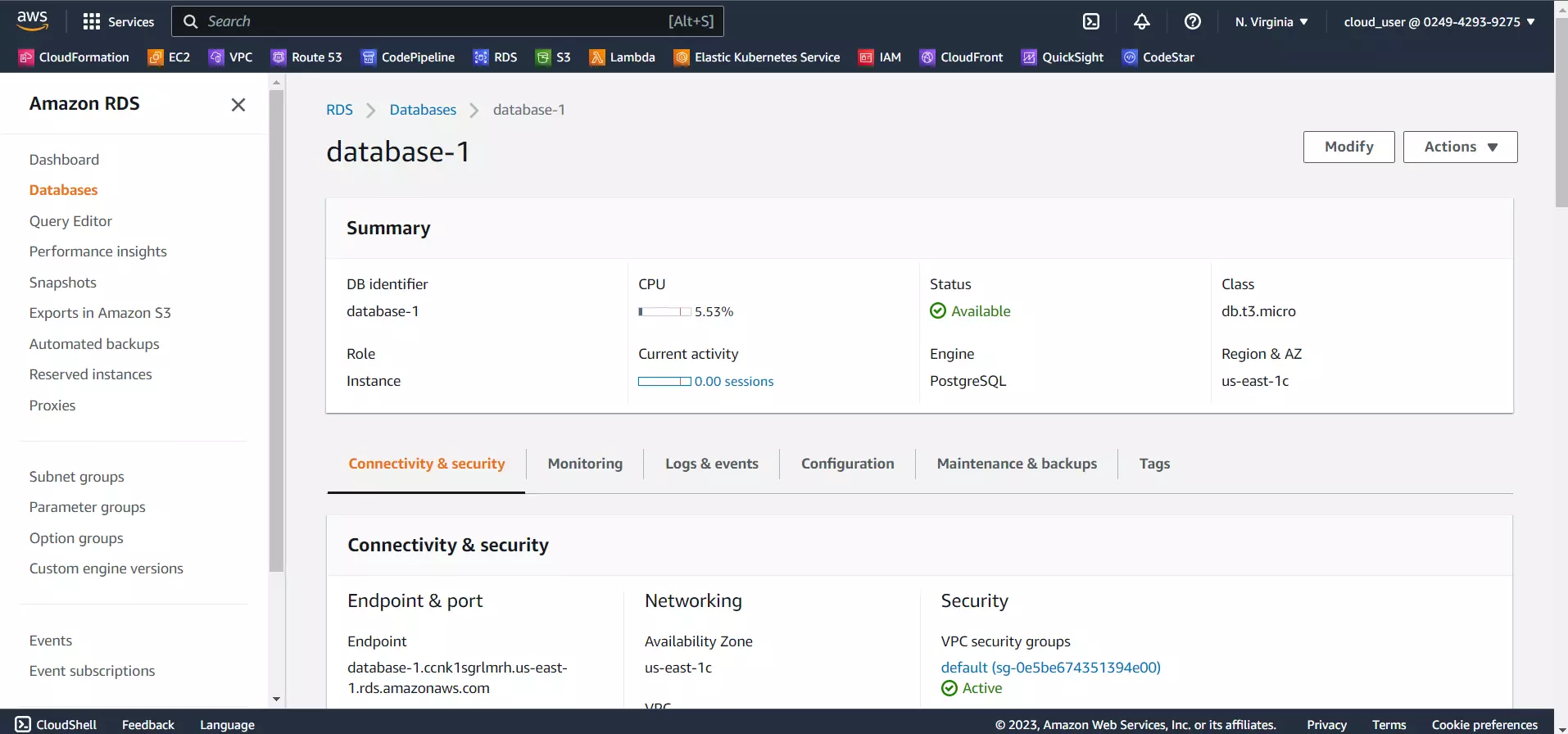 Resumen de la configuración de una base de datos